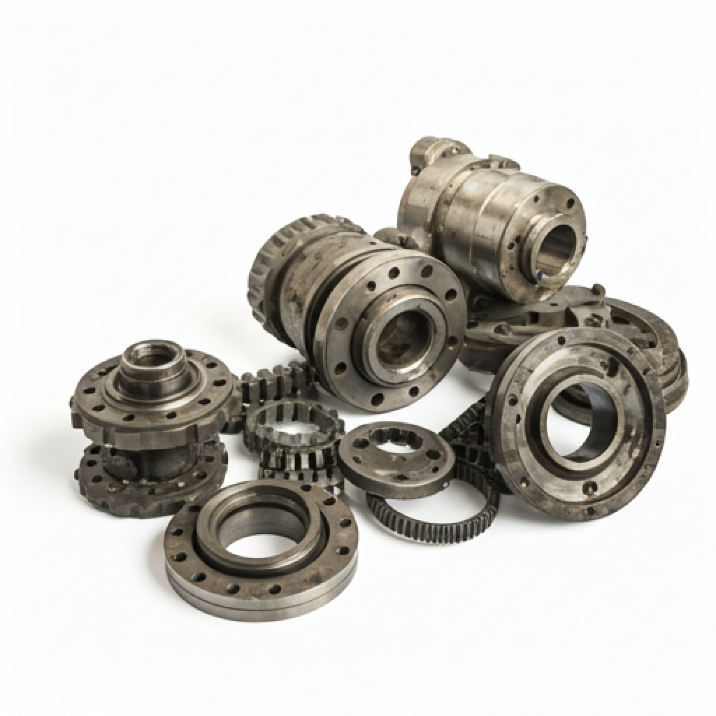 Organized industrial machine spare parts collection.